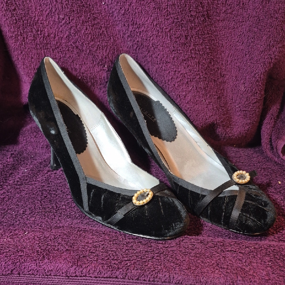 Highlights Elegant Black Velvet Women's Heels With A Pearl Buckle Womens 9.51